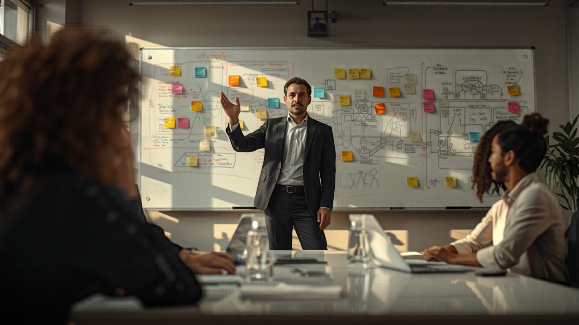 Working session at a whiteboard, black and white